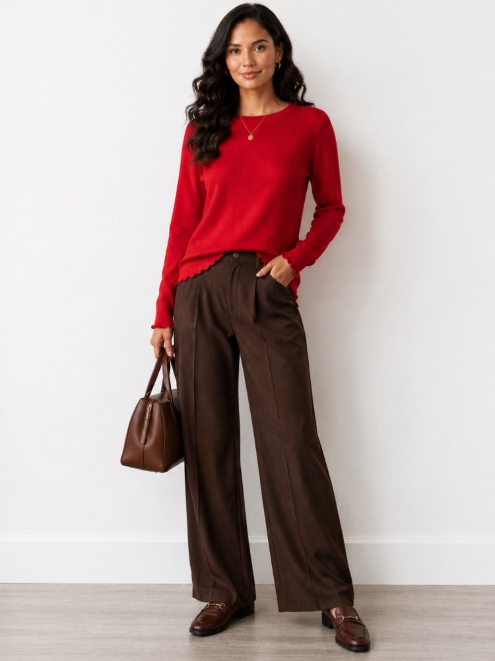 100% Cashmere Red Ruffle Hem Sweater Belle France Crewneck Size M